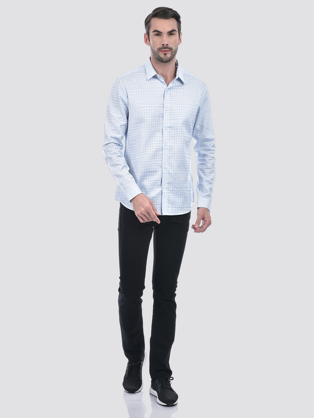 Numero Uno Men Geometric Print Sky Blue Shirt